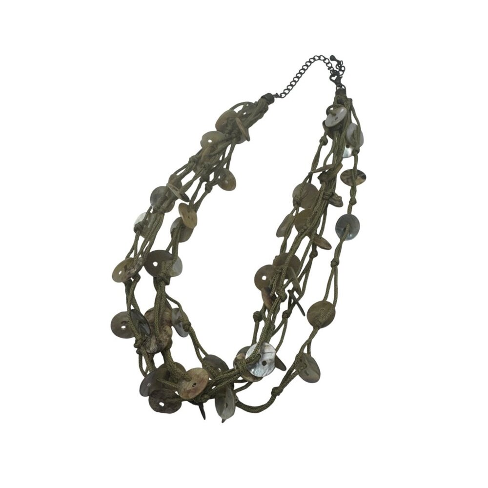 Shell Disc Charm Olive Green Multi Strand Statement Necklace Adjustable Closure